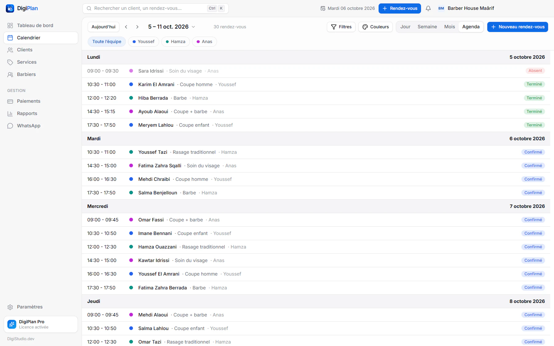 Vue agenda de DigiPlan listant les rendez-vous de la semaine