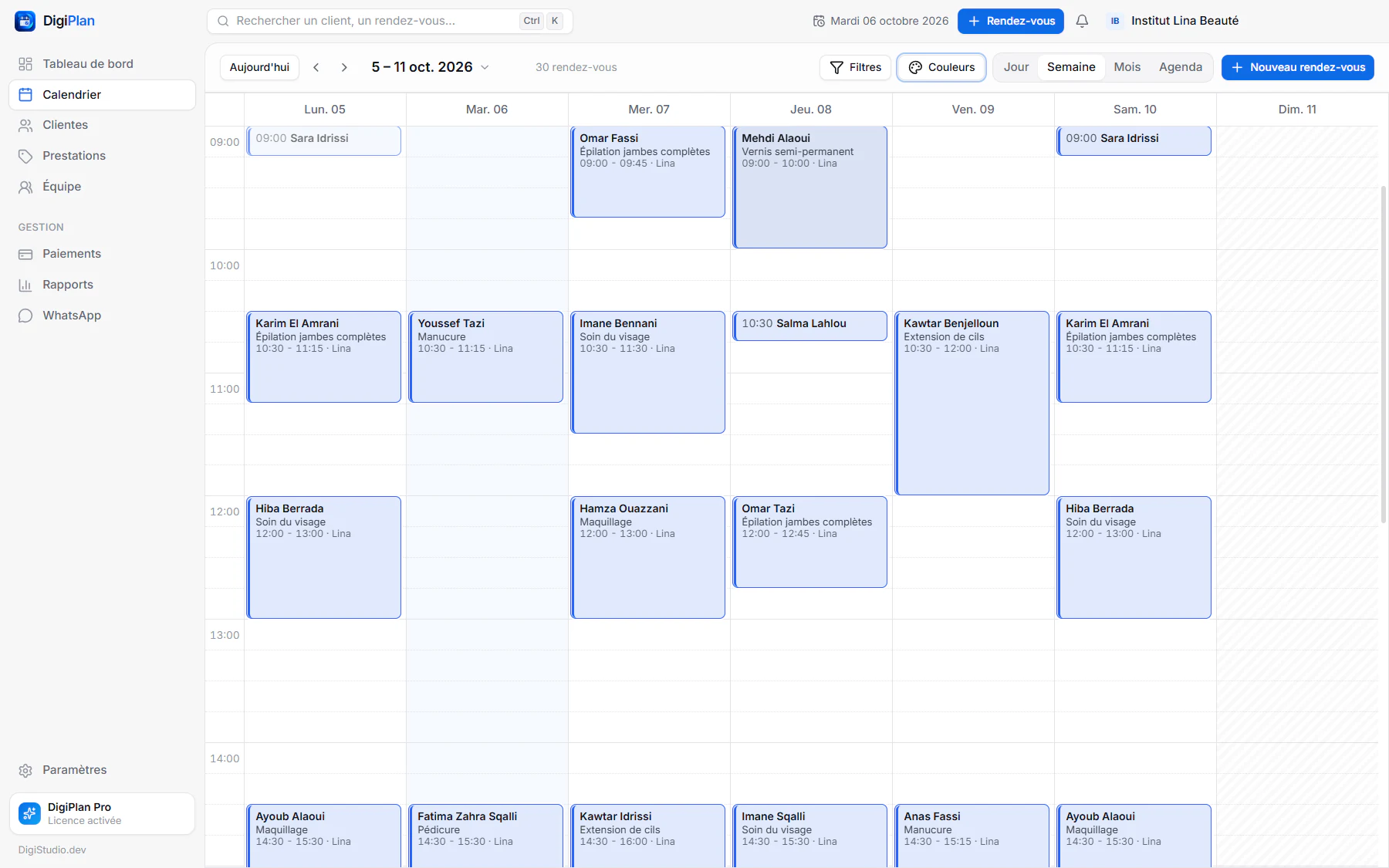 Planning hebdomadaire d'un institut de beauté dans DigiPlan