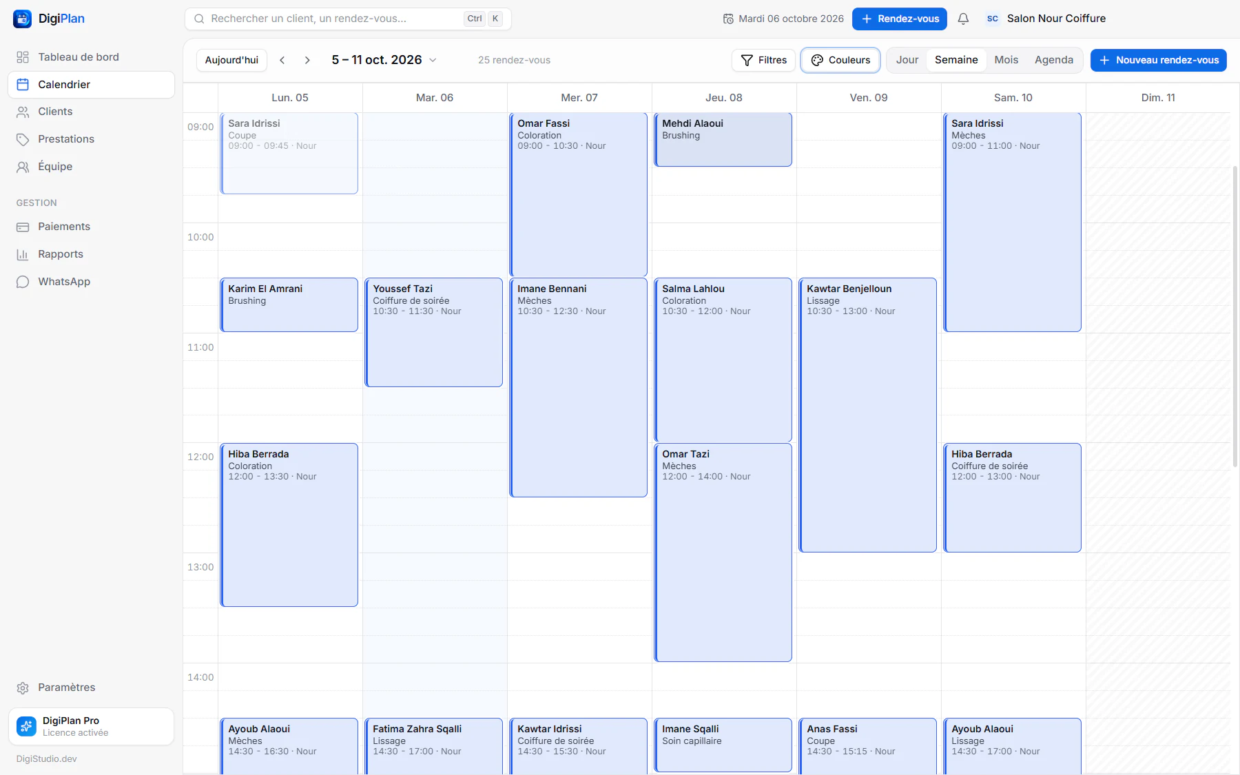 Planning hebdomadaire d'un salon de coiffure dans DigiPlan