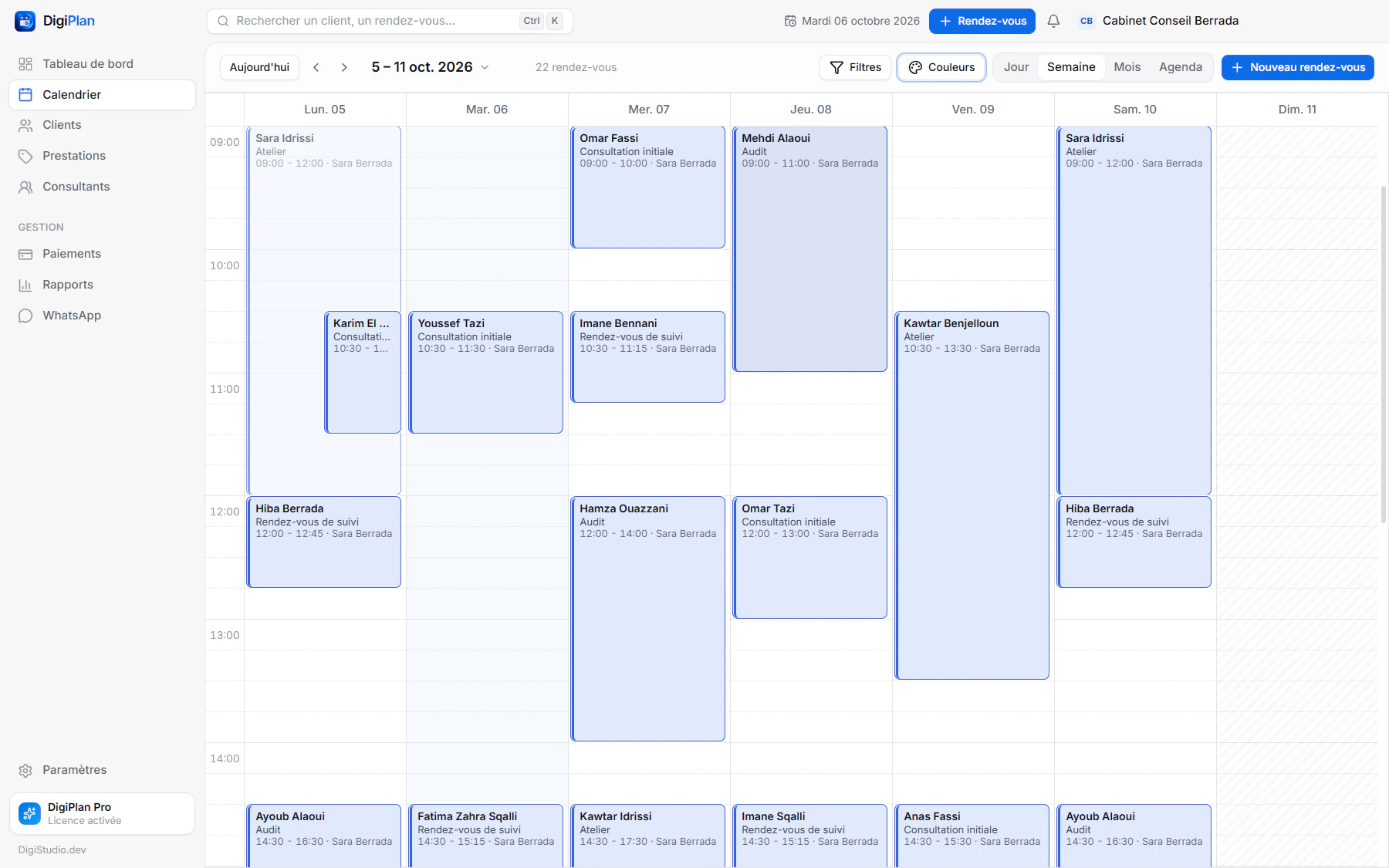 Planning hebdomadaire d'un consultant dans DigiPlan