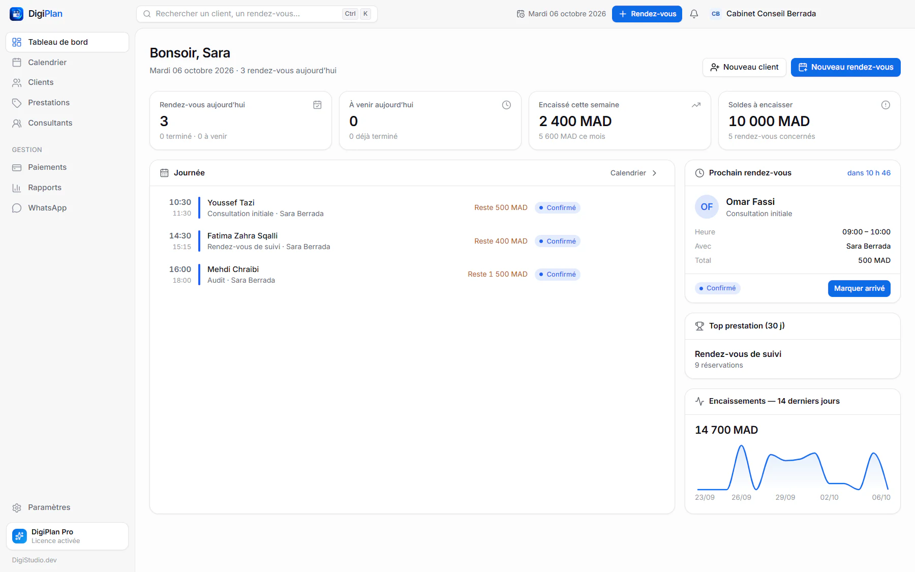 Tableau de bord DigiPlan d'un consultant avec les soldes à encaisser