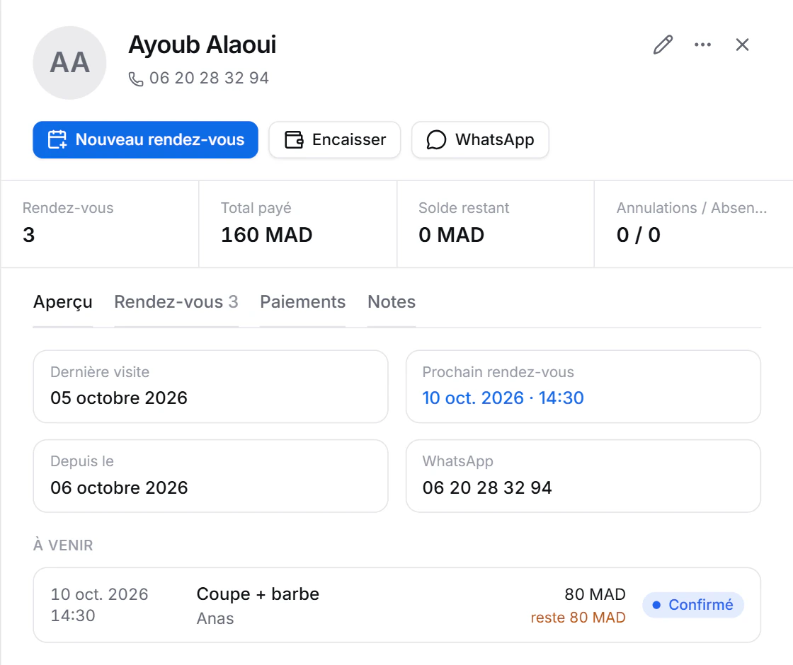 Fiche client : rendez-vous, total payé, solde et prochain rendez-vous