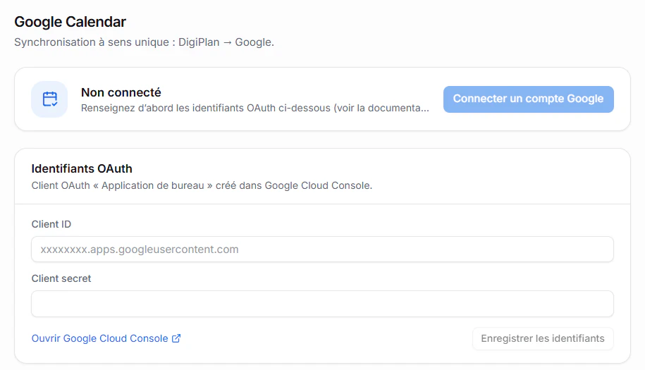 Section Google Calendar : synchronisation à sens unique DigiPlan vers Google