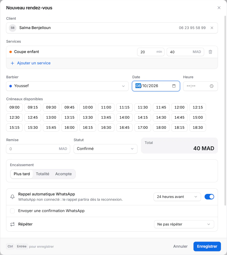 Création d'un rendez-vous : client, service, créneaux disponibles, encaissement et rappel