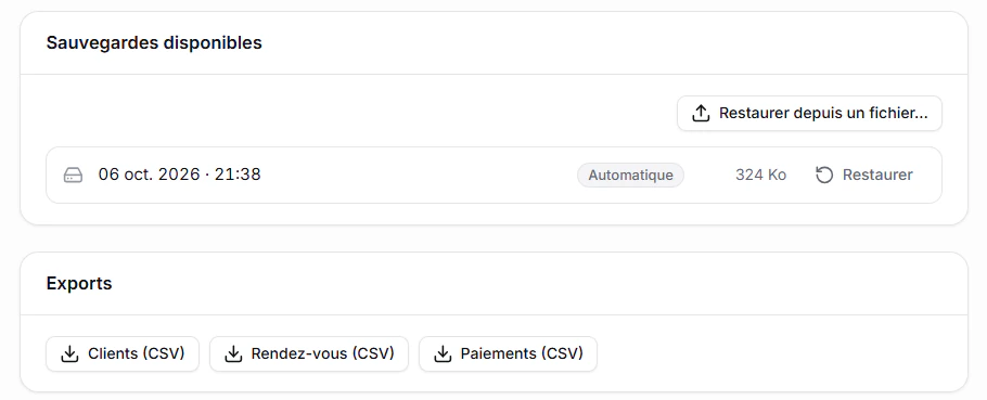 Liste des sauvegardes disponibles et exports CSV