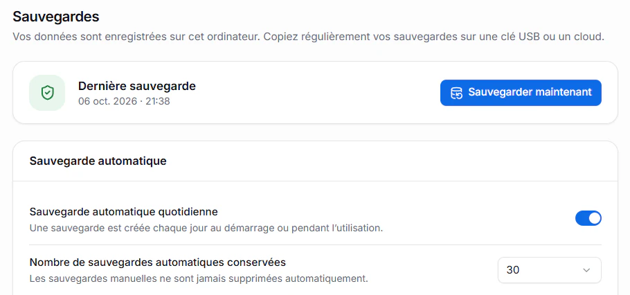 Dernière sauvegarde et sauvegarde automatique quotidienne