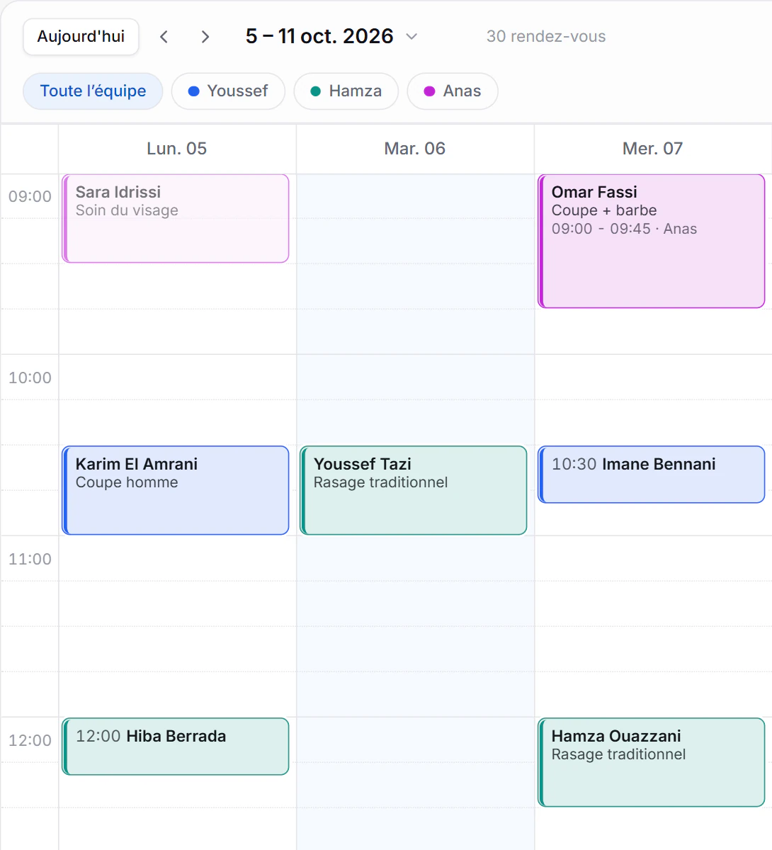 Calendrier DigiPlan en vue semaine, rendez-vous colorés par barbier