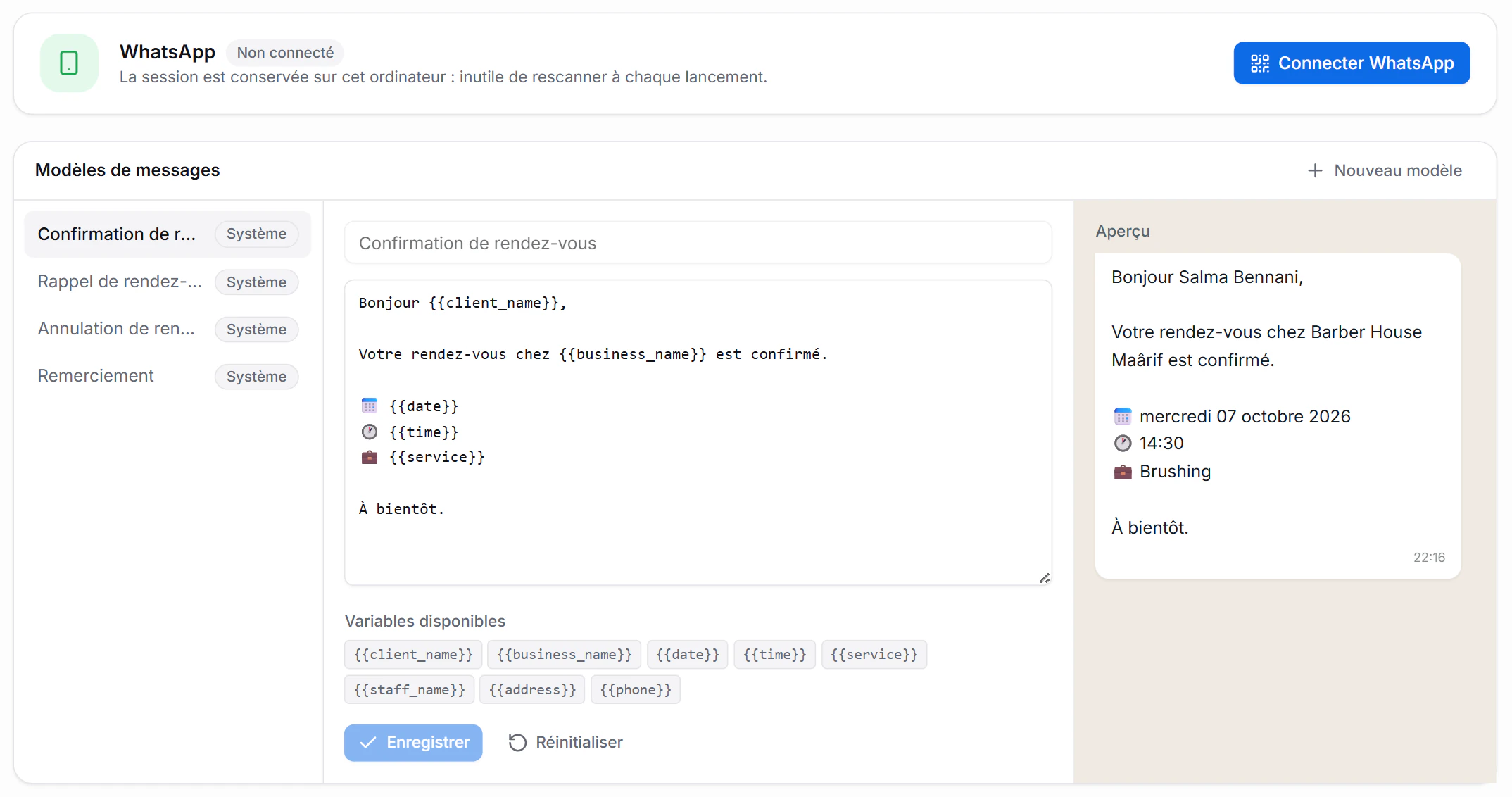 Modèles de messages WhatsApp avec variables et aperçu en direct