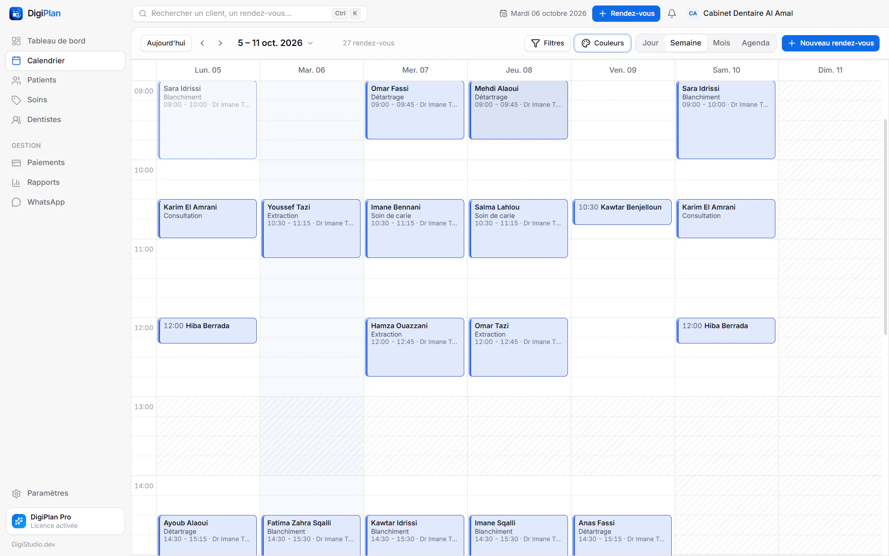 Planning hebdomadaire des patients d'un cabinet dentaire dans DigiPlan