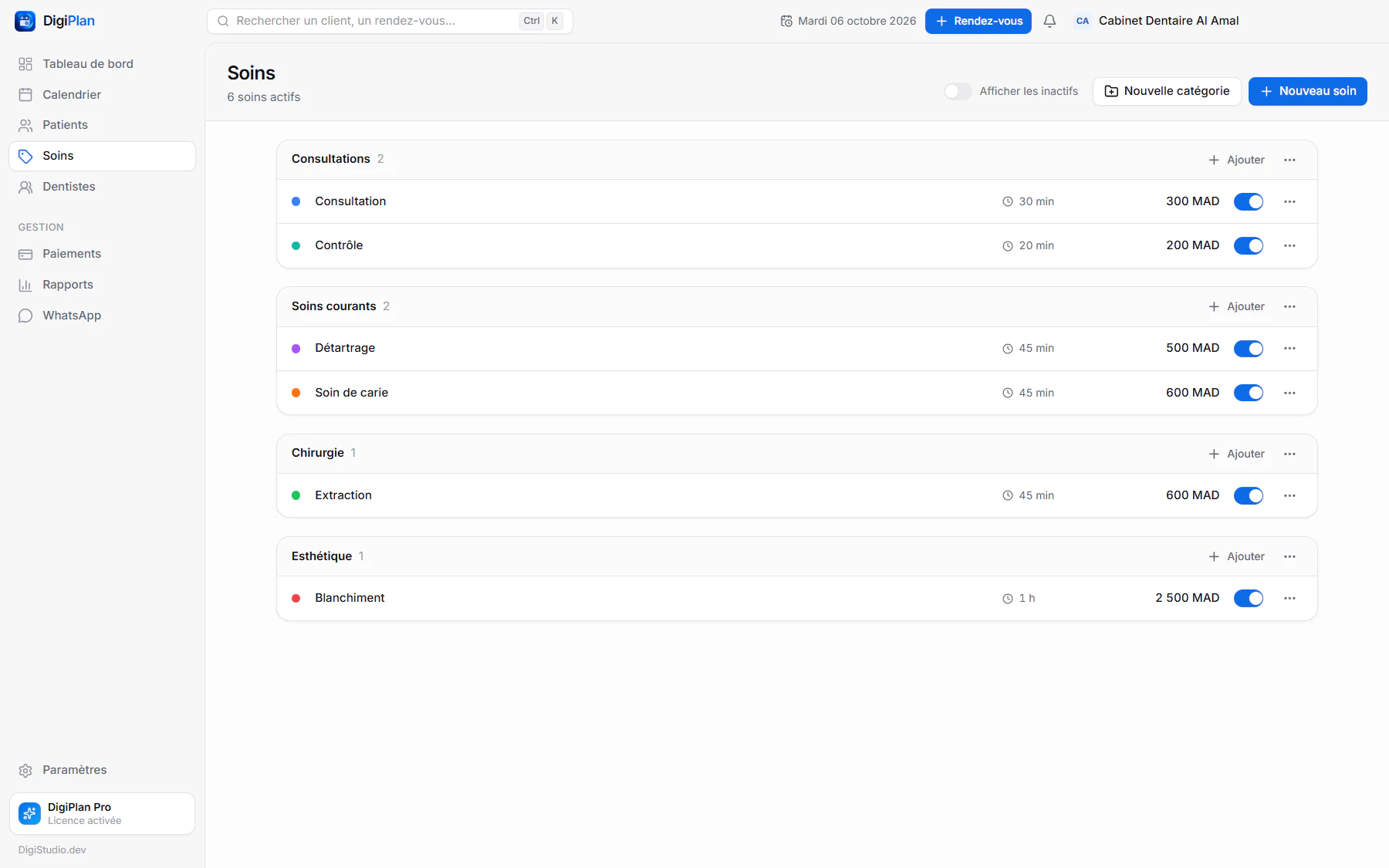 Catalogue des soins dentaires dans DigiPlan : consultation, détartrage, extraction