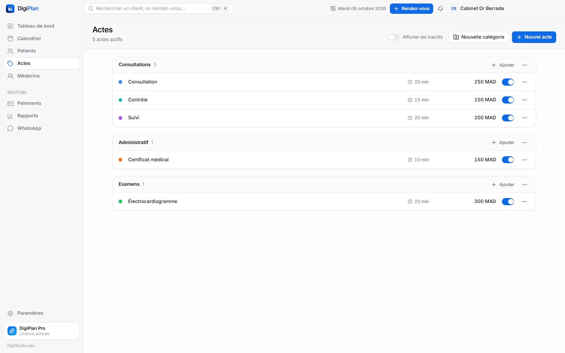 Actes médicaux configurés dans DigiPlan avec durées et tarifs