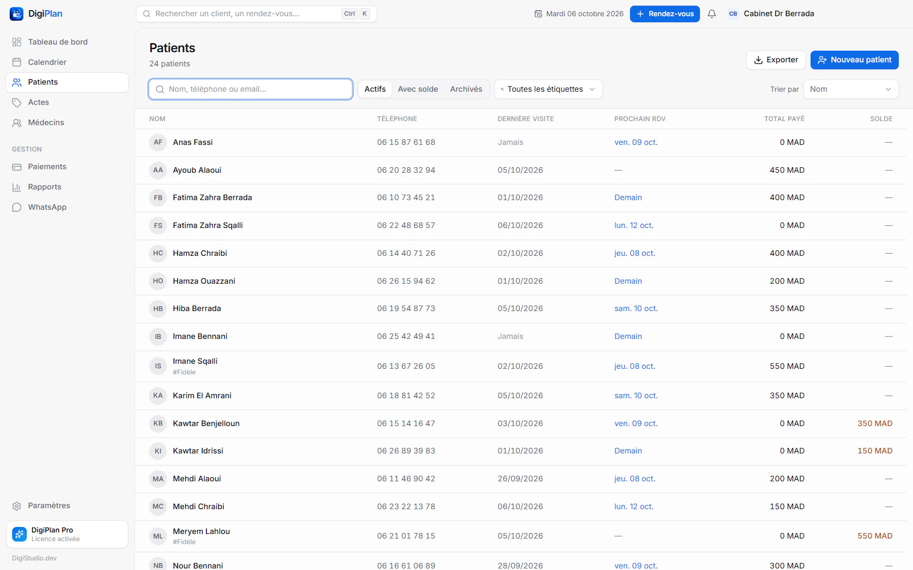 Liste des patients d'un cabinet médical dans DigiPlan