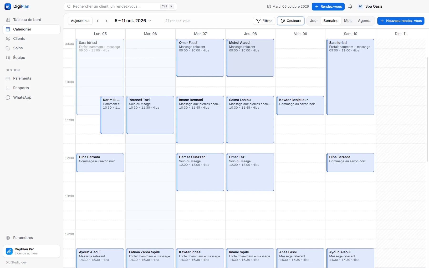 Planning hebdomadaire d'un spa dans DigiPlan