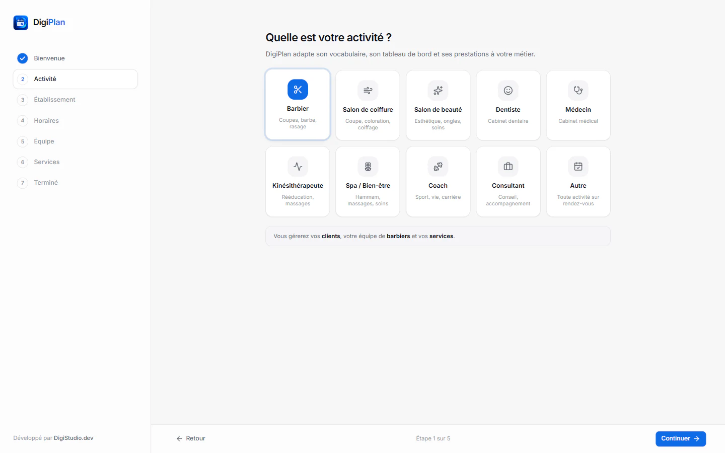 Choix de l'activité dans l'assistant DigiPlan