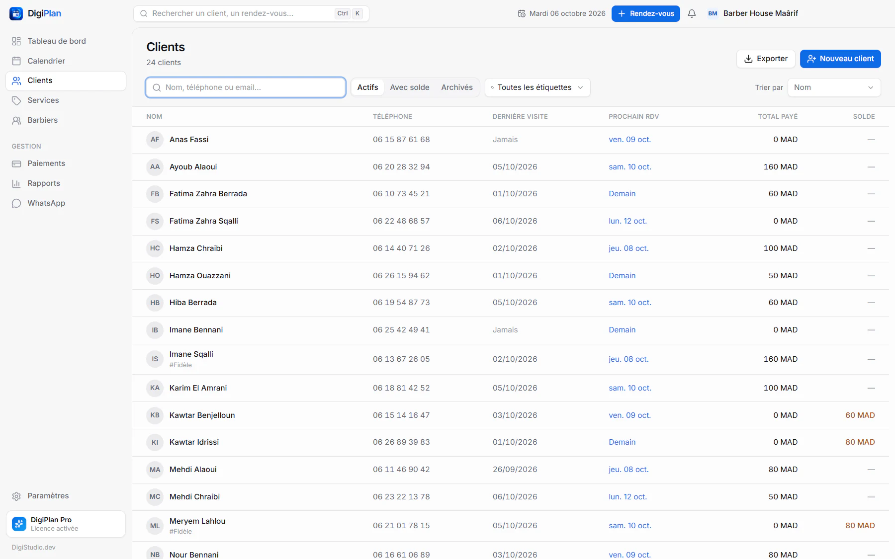 Liste des clients DigiPlan avec téléphone et dernière visite