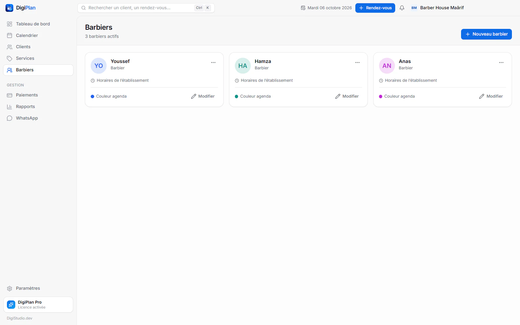 Gestion de l'équipe dans DigiPlan : barbiers, horaires et couleurs d'agenda