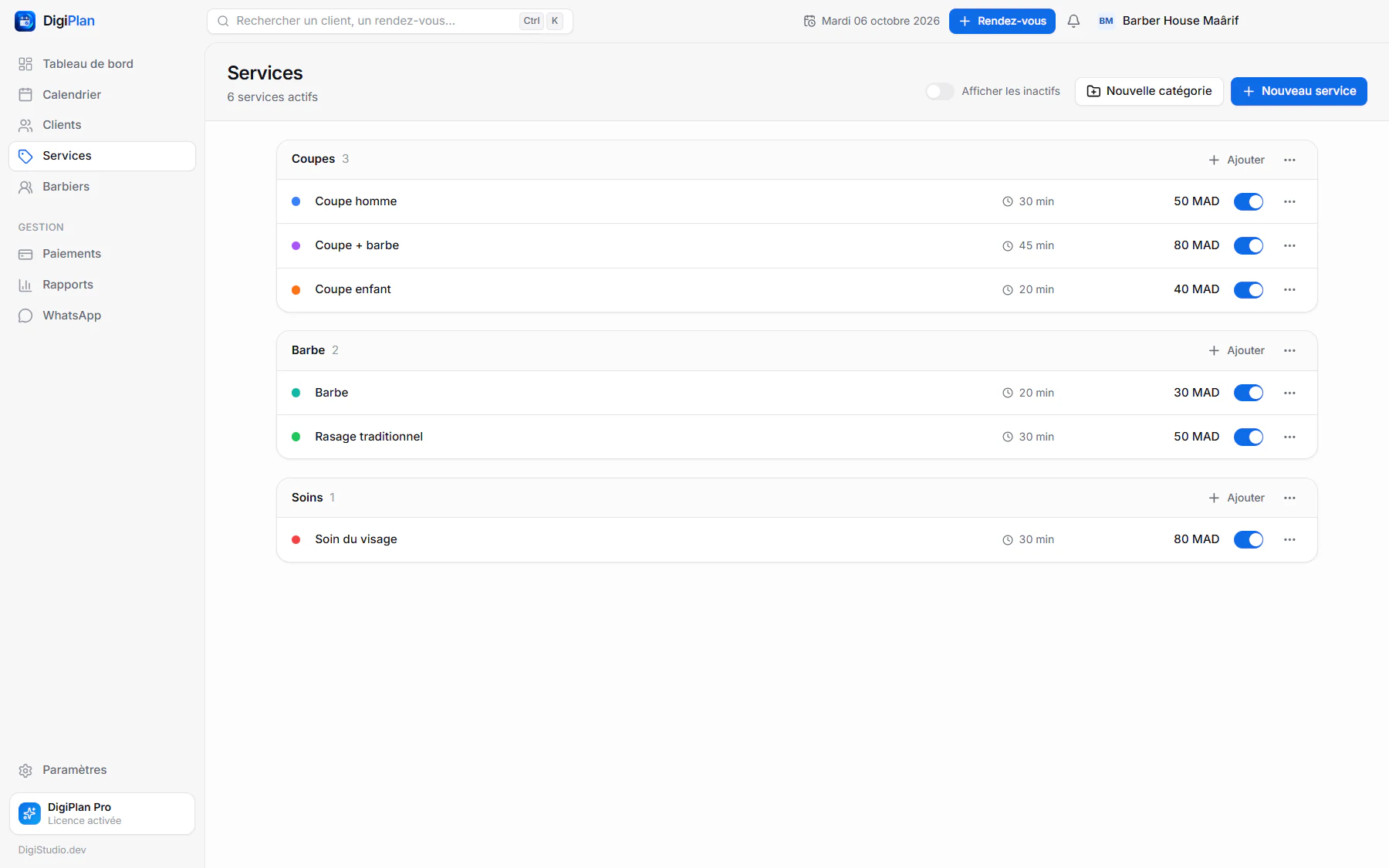 Catalogue des services DigiPlan avec durées et prix en MAD