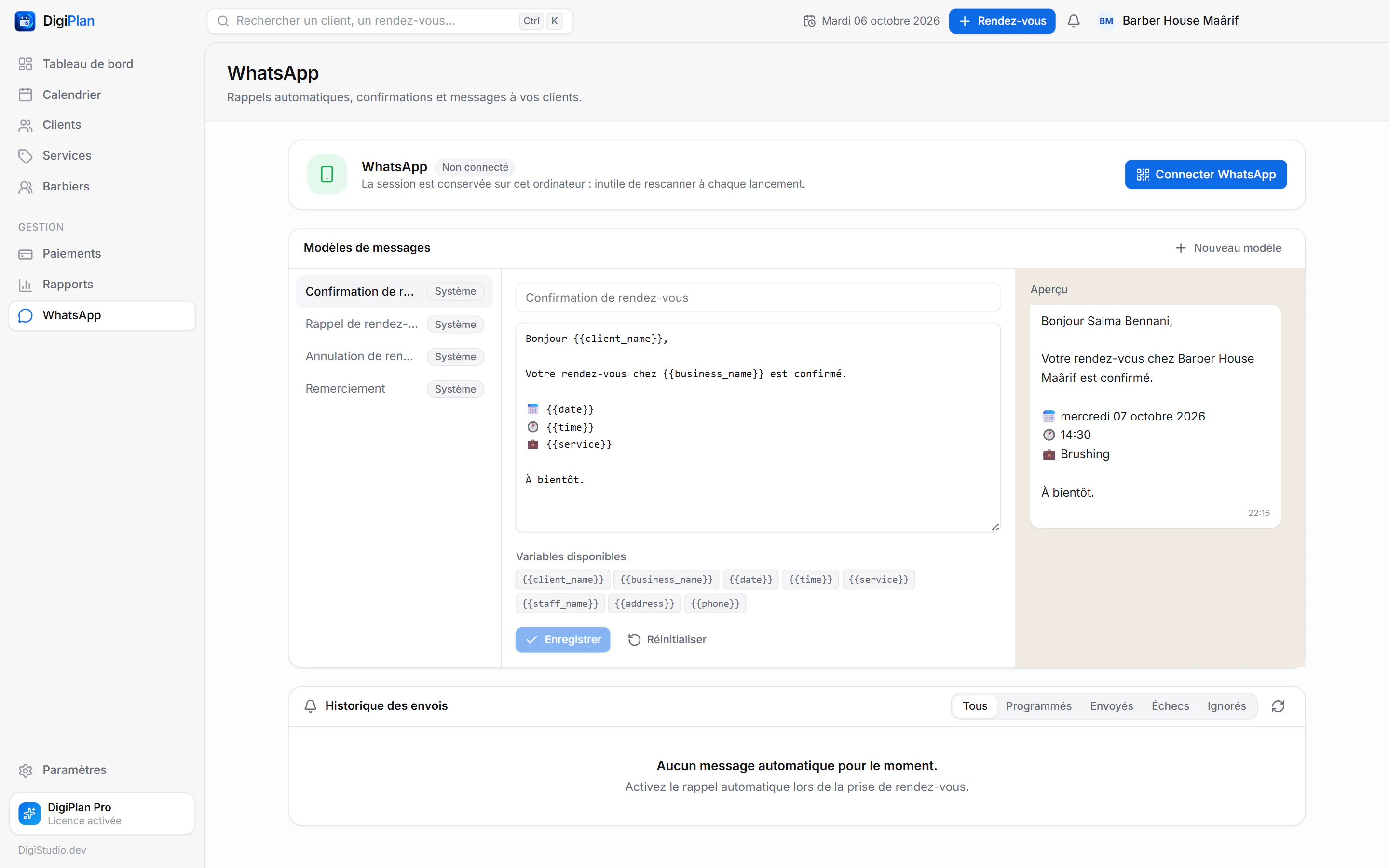 Page WhatsApp de DigiPlan : connexion, modèles de messages et historique des envois