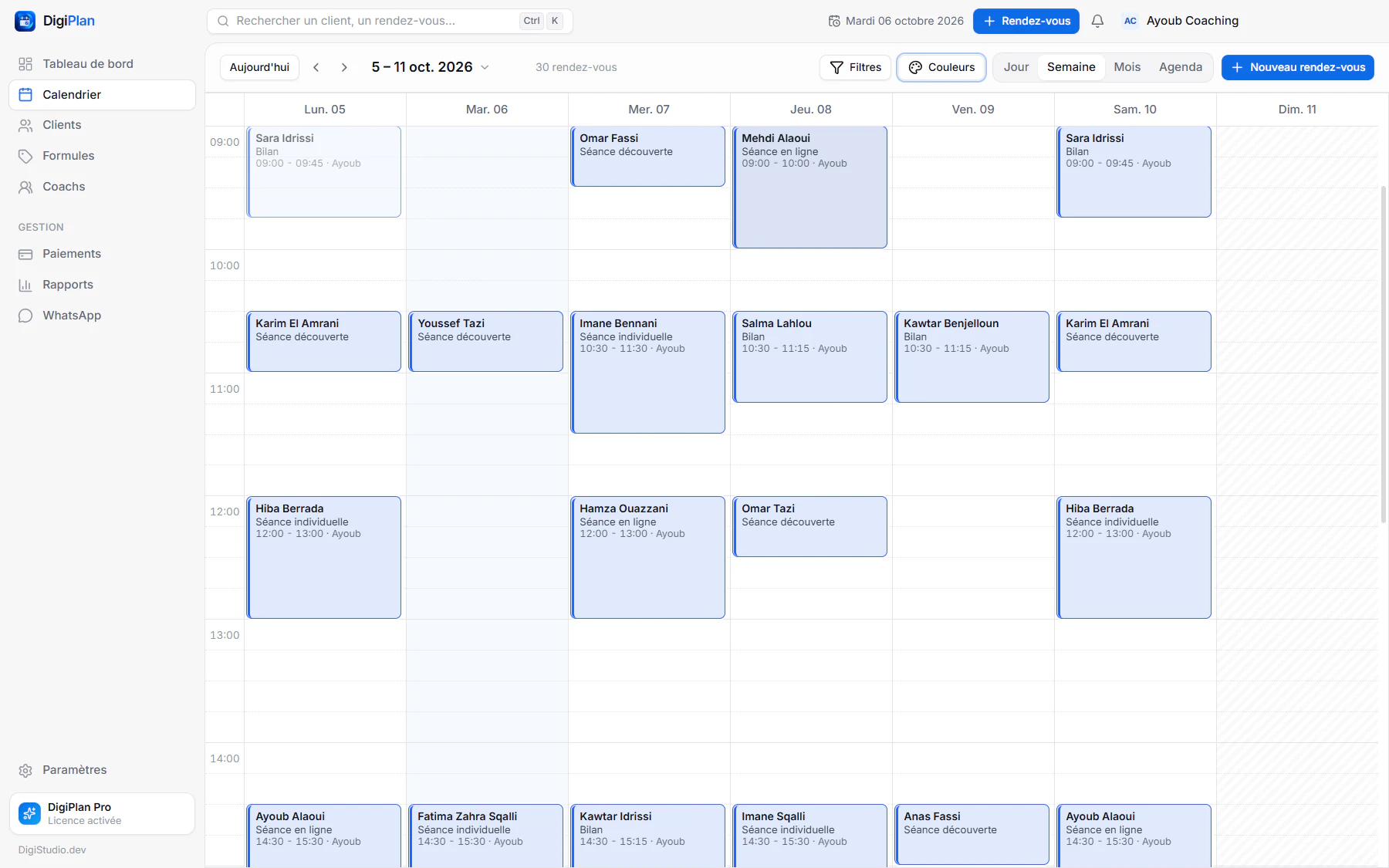 Planning hebdomadaire des séances d'un coach dans DigiPlan