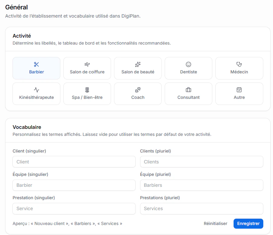 Changement d'activité et personnalisation du vocabulaire