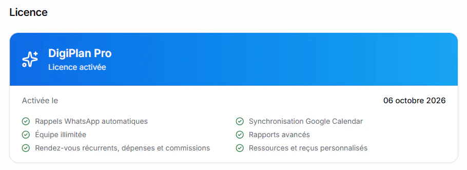 Licence DigiPlan Pro activée et fonctionnalités débloquées