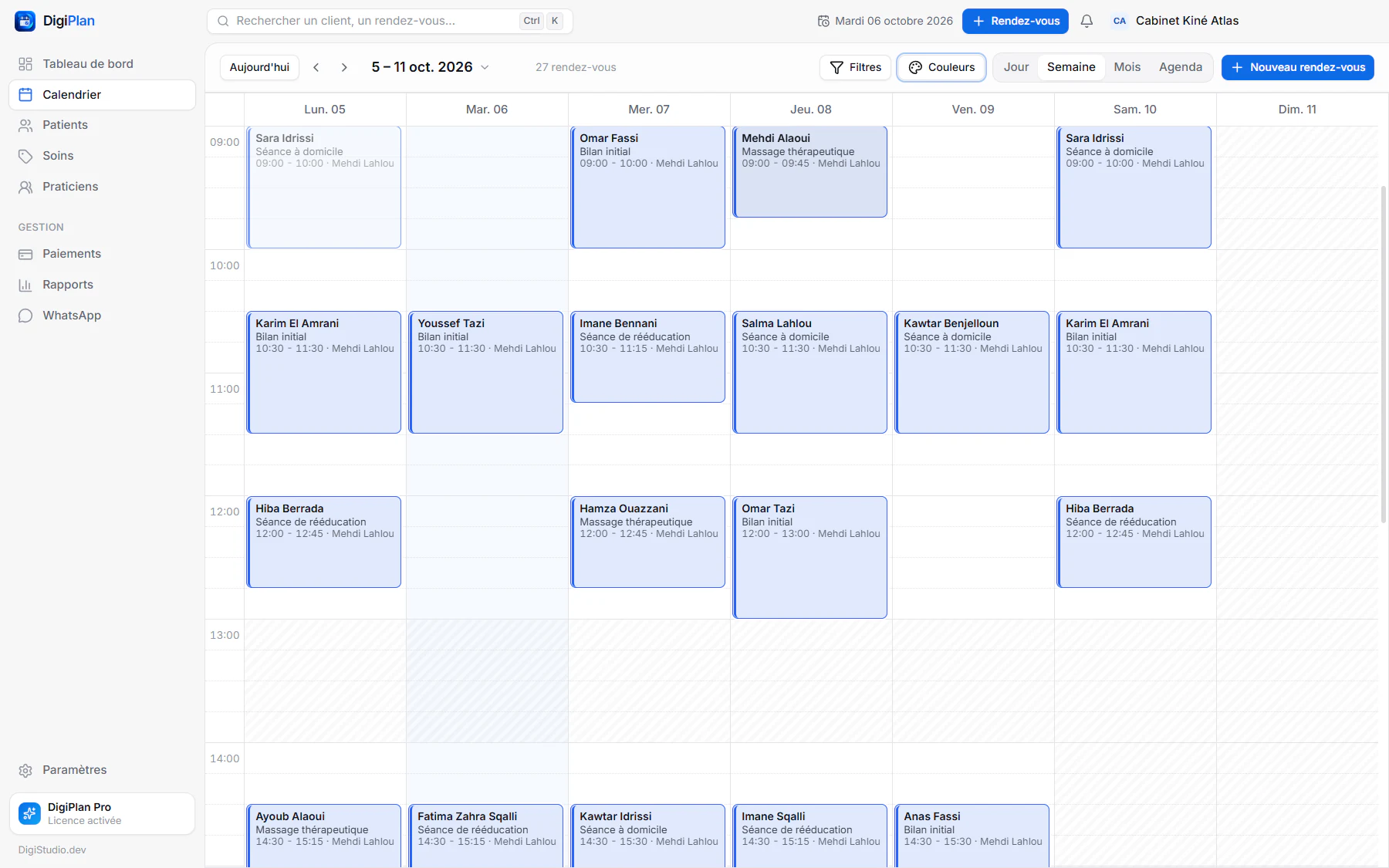 Planning hebdomadaire des séances de kinésithérapie dans DigiPlan